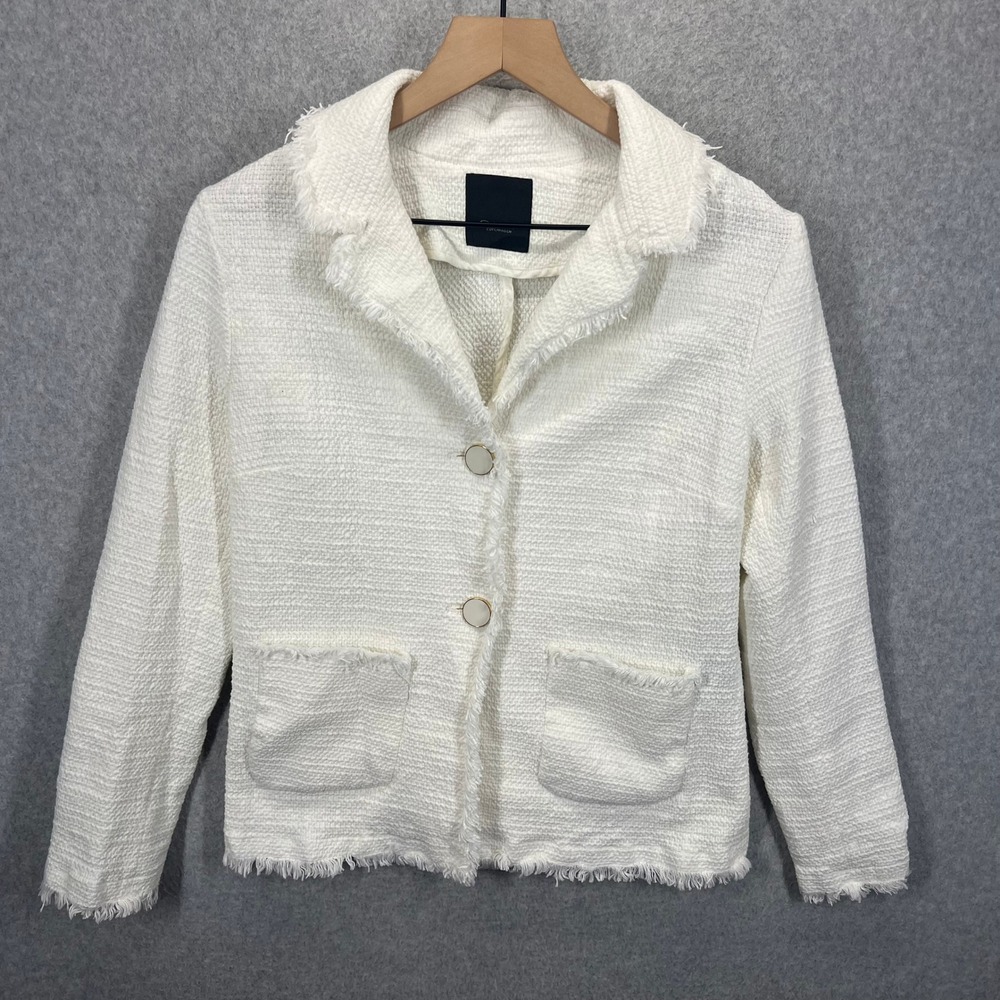 Sand Copenhagen Tweed Blazer Womens 34 White Raw Hem Fringe Cotton Blend EUC